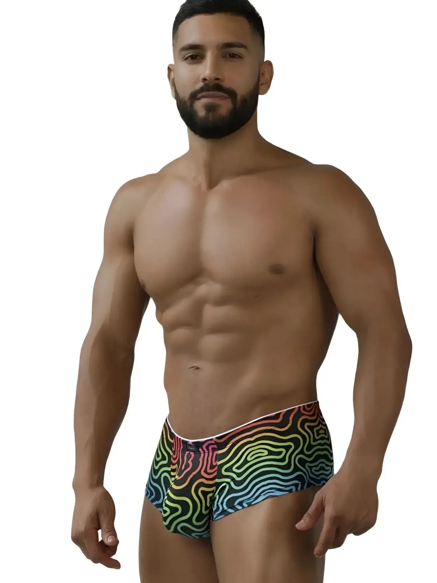 Xtremen 91283 rainbow labyrinth print microfiber briefs, front view on a male model.