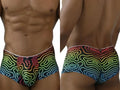 Xtremen 91283 Labyrinth rainbow printed microfiber briefs, front and back views on a model.