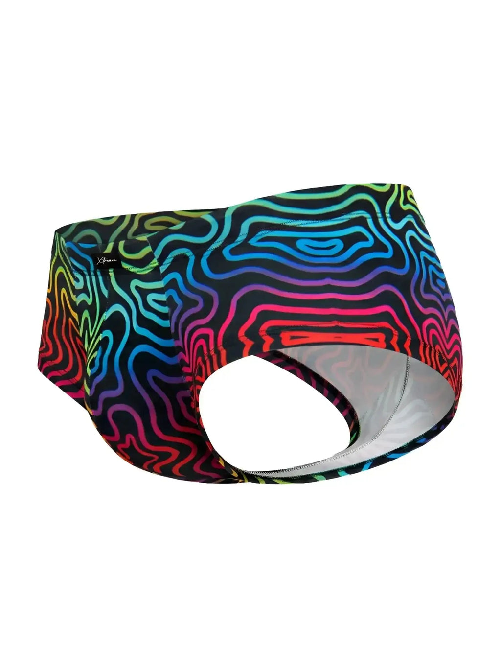 Xtremen 91283 Labyrinth rainbow printed microfiber briefs, side-back view isolated on white background.
