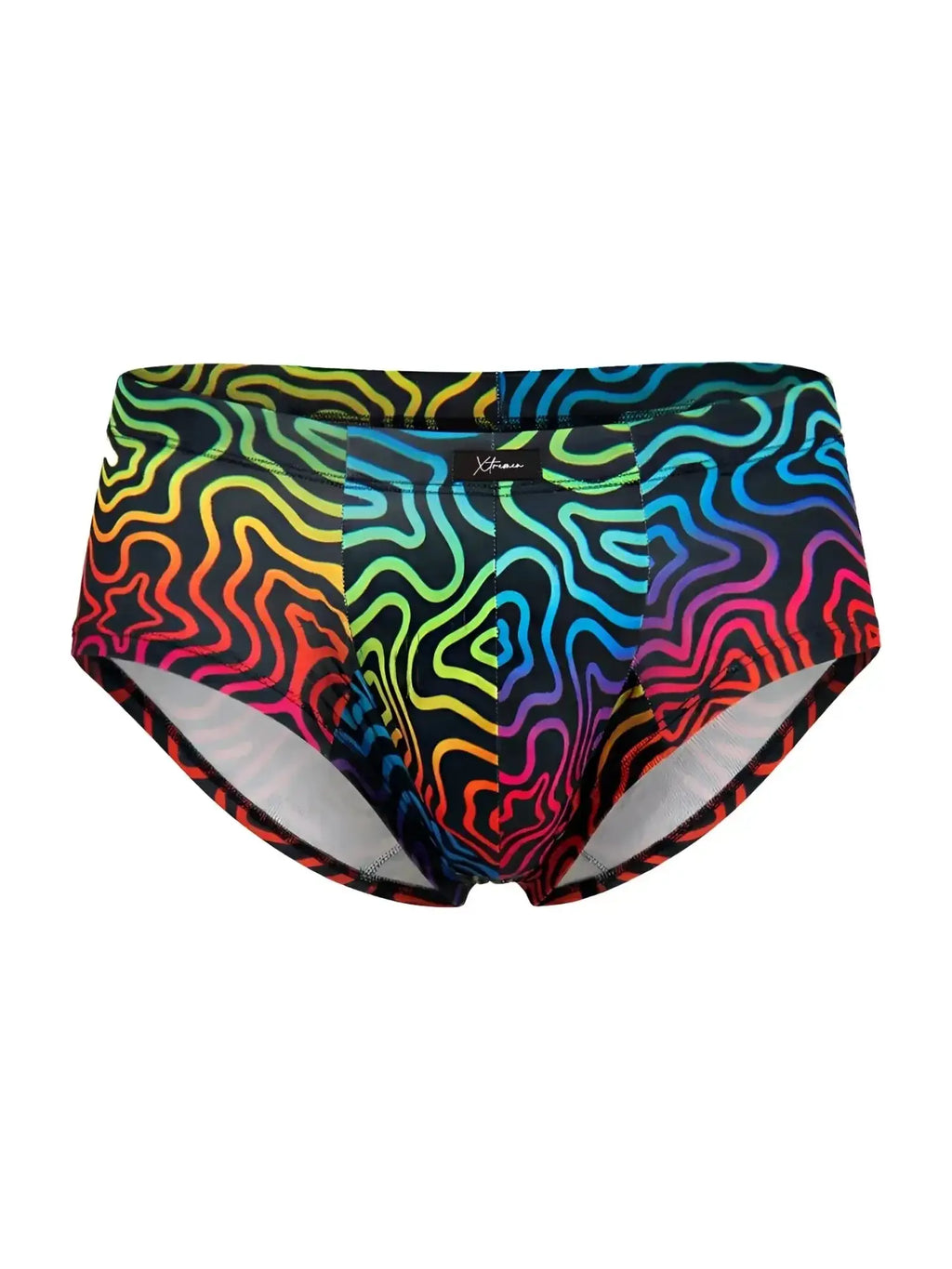 Front view of Xtremen 91283 microfiber briefs in Labyrinth rainbow print.