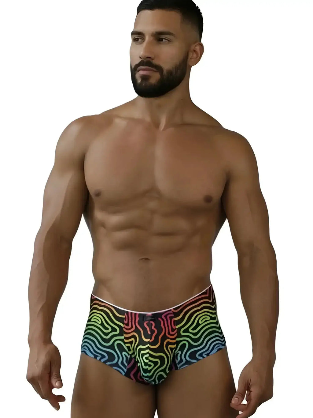 Xtremen 91283 Labyrinth rainbow microfiber briefs, front view on model.