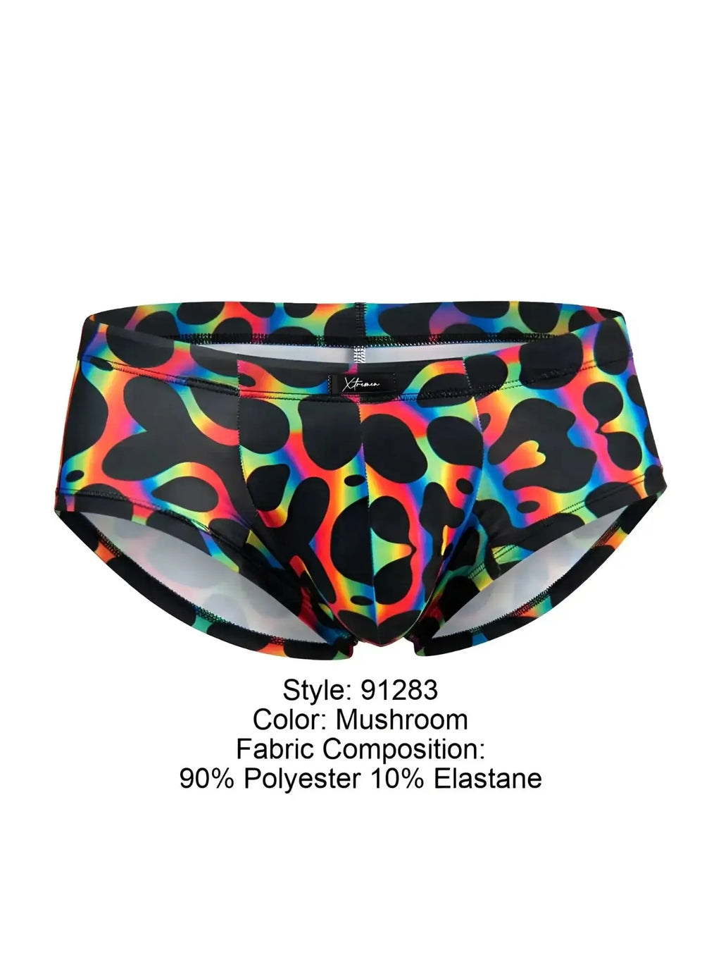 Front view of Xtremen 91283 microfiber briefs in Mushroom, featuring a black and rainbow-colored printed pattern.