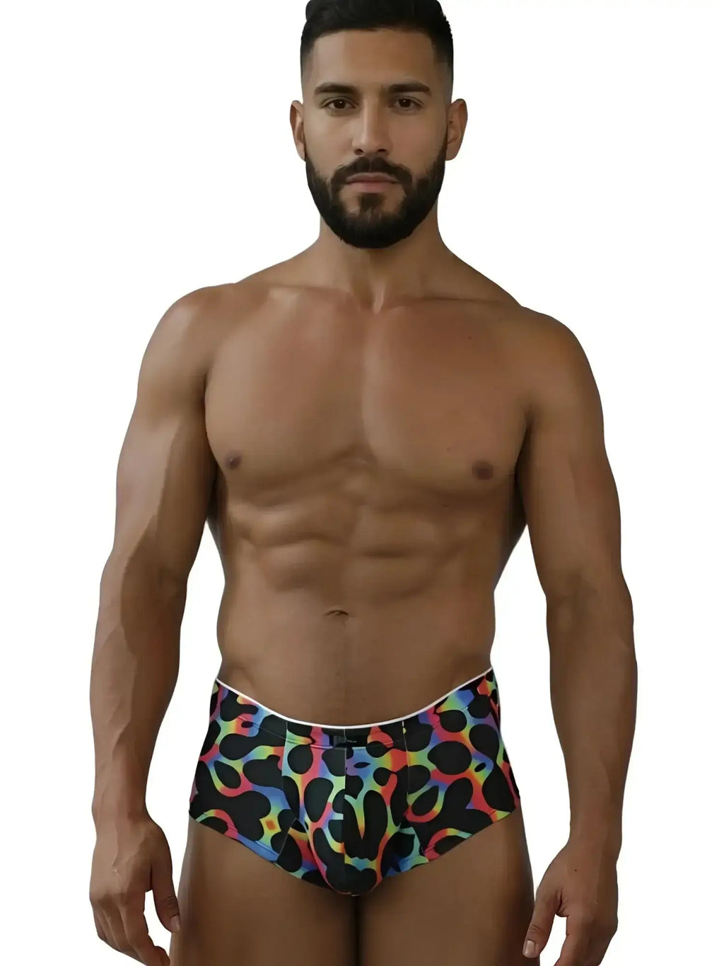 Front view of Xtremen 91283 rainbow printed microfiber briefs in mushroom color on a model.