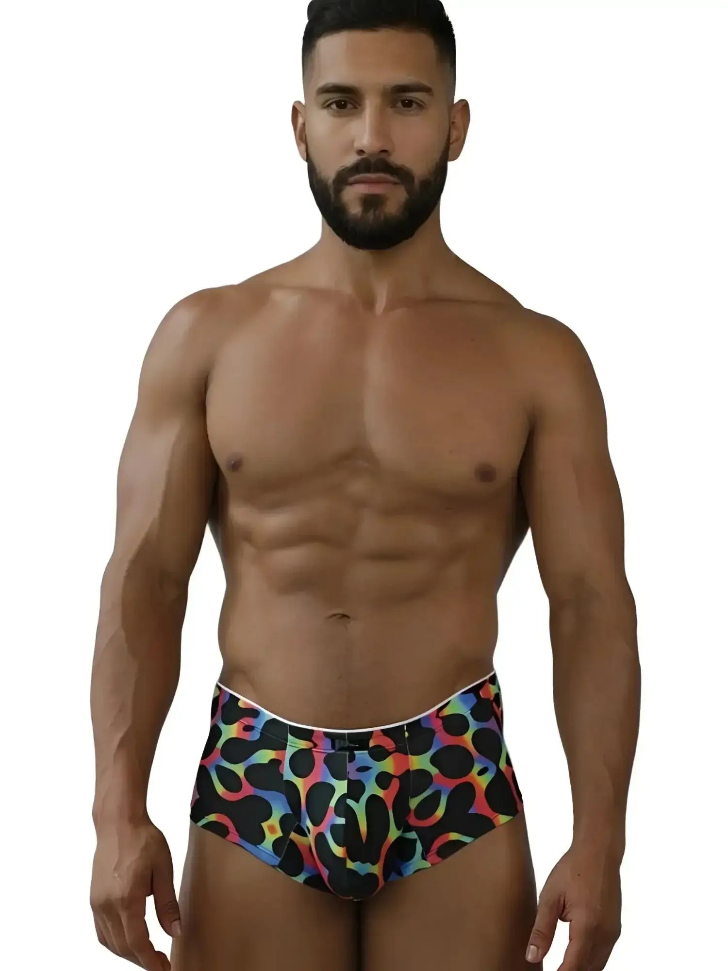 Front view of Xtremen 91283 rainbow printed microfiber briefs in mushroom color on a model.