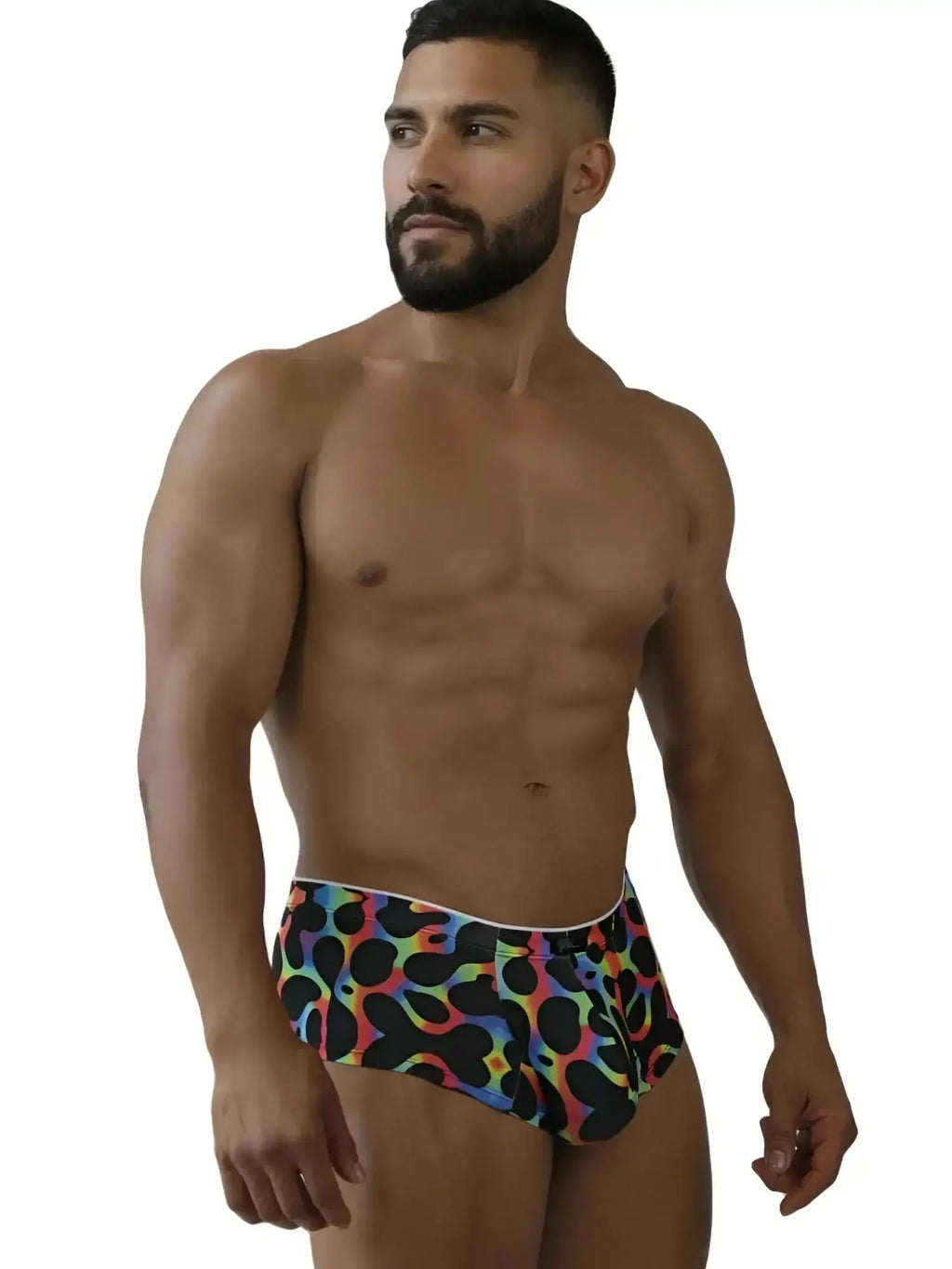 Xtremen 91283 Rainbow Printed Microfiber Briefs in Mushroom; a lifestyle shot of a model wearing the underwear.