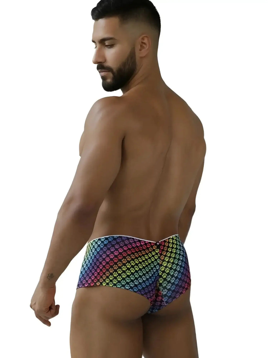 Xtremen 91283 rainbow paw print microfiber briefs, back view on a model.