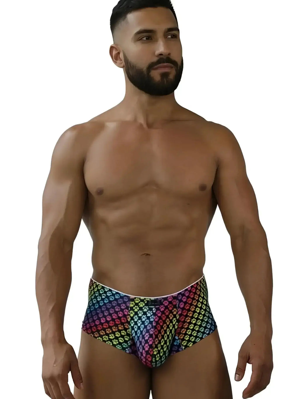 Xtremen 91283 rainbow paw print microfiber briefs, front view on a male model.