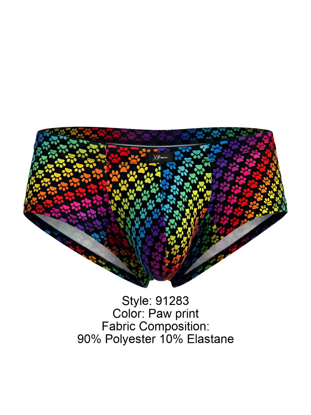 Front view of Xtremen 91283 microfiber briefs in a rainbow paw print pattern.