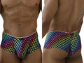 Xtremen 91283 rainbow paw print microfiber briefs, front and back view on a model.
