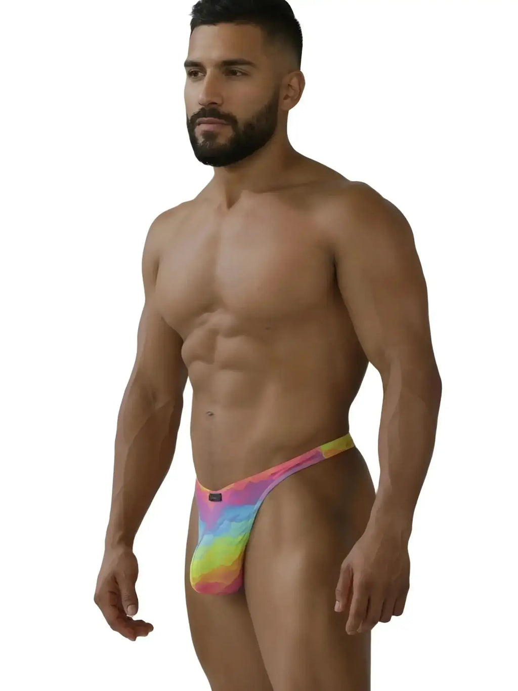 Model wearing Xtremen 91284 Printed Microfiber Thong in Cloud, side view.