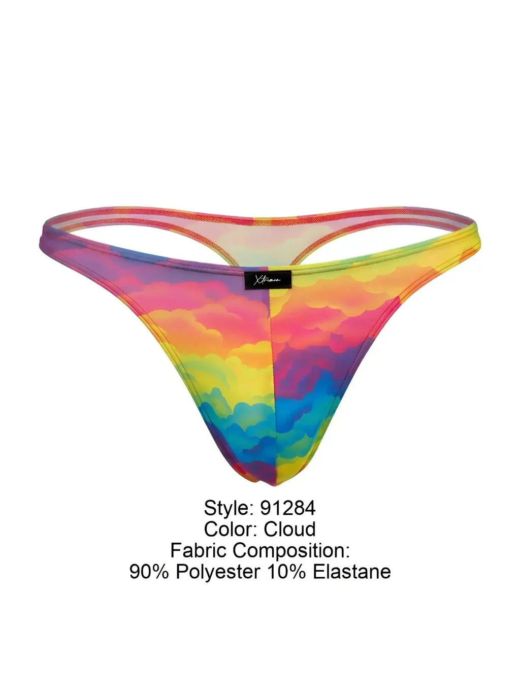Front view of Xtremen 91284 Printed Microfiber Thong in Cloud rainbow cloud print.