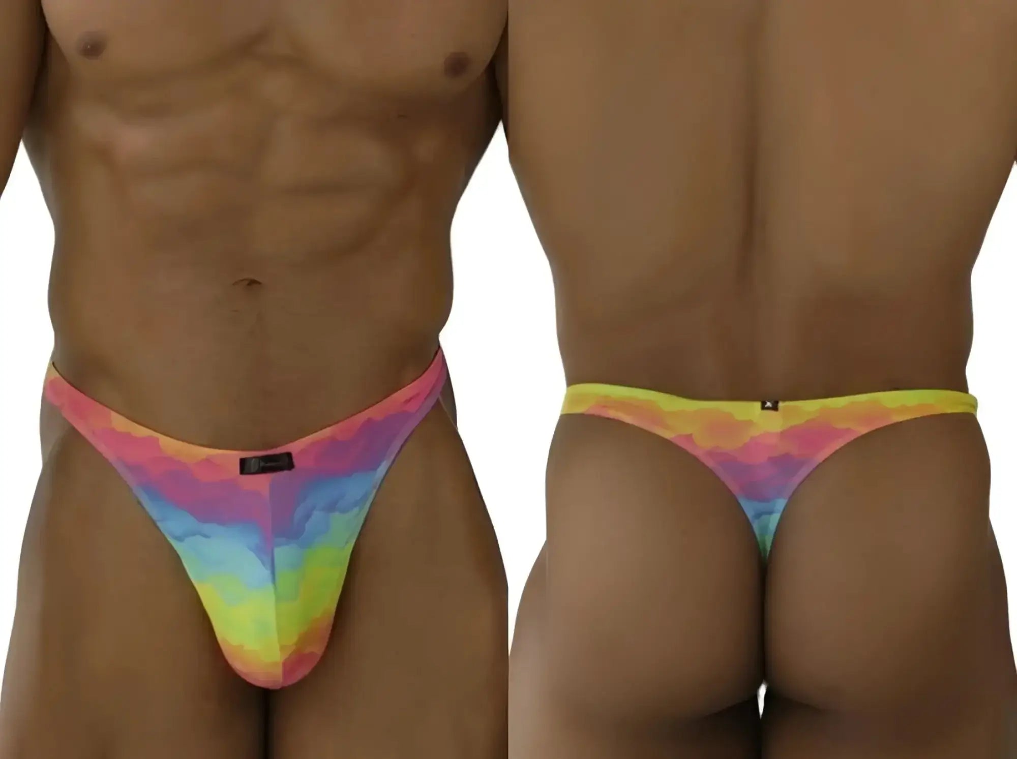 Xtremen 91284 Printed Microfiber Thong in Cloud color, showing front and back views on a model.