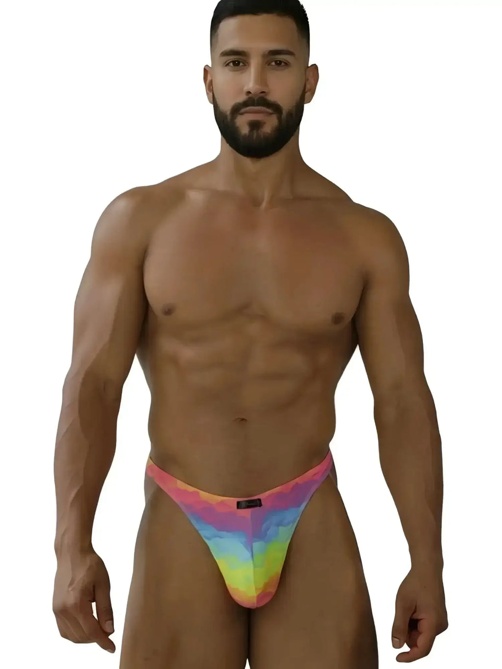 Front view of a model wearing Xtremen 91284 Printed Microfiber Thong in Cloud color.