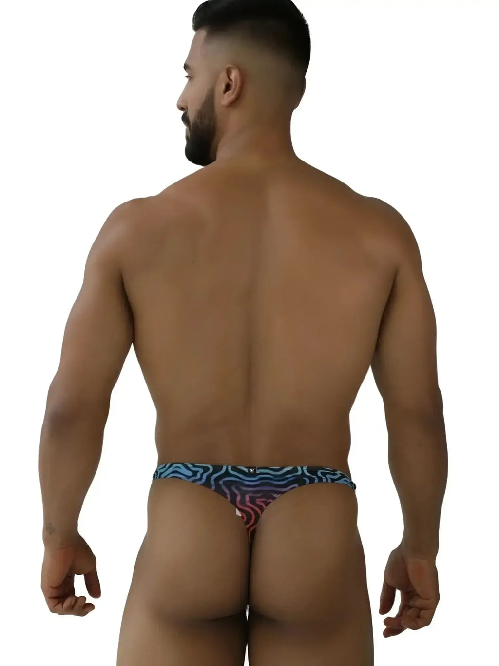 Back view of man wearing Xtremen 91284 Printed Microfiber Thong in Labyrinth color.