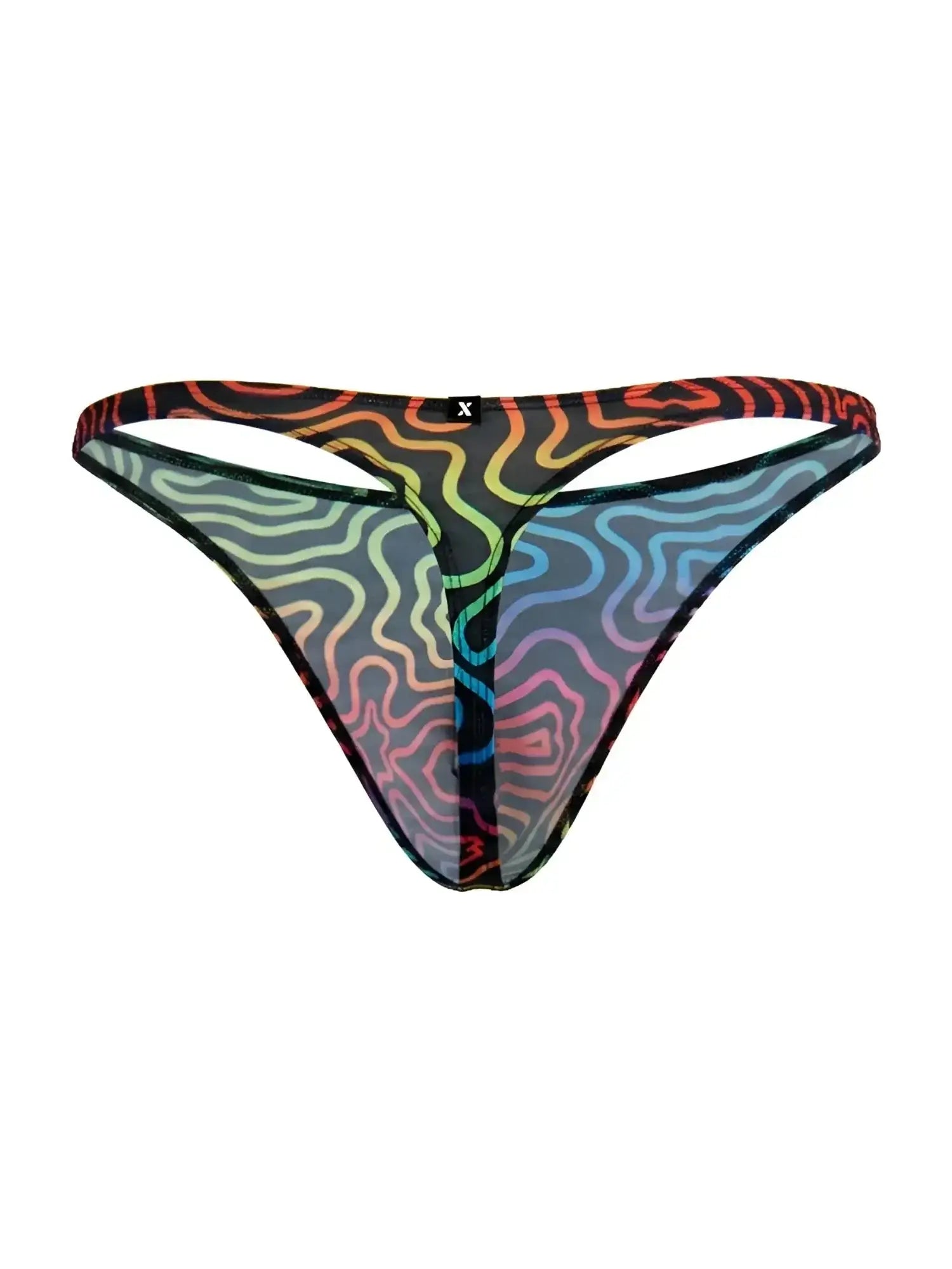 Front view of Xtremen 91284 Printed Microfiber Thong in Labyrinth color with a colorful wavy pattern.