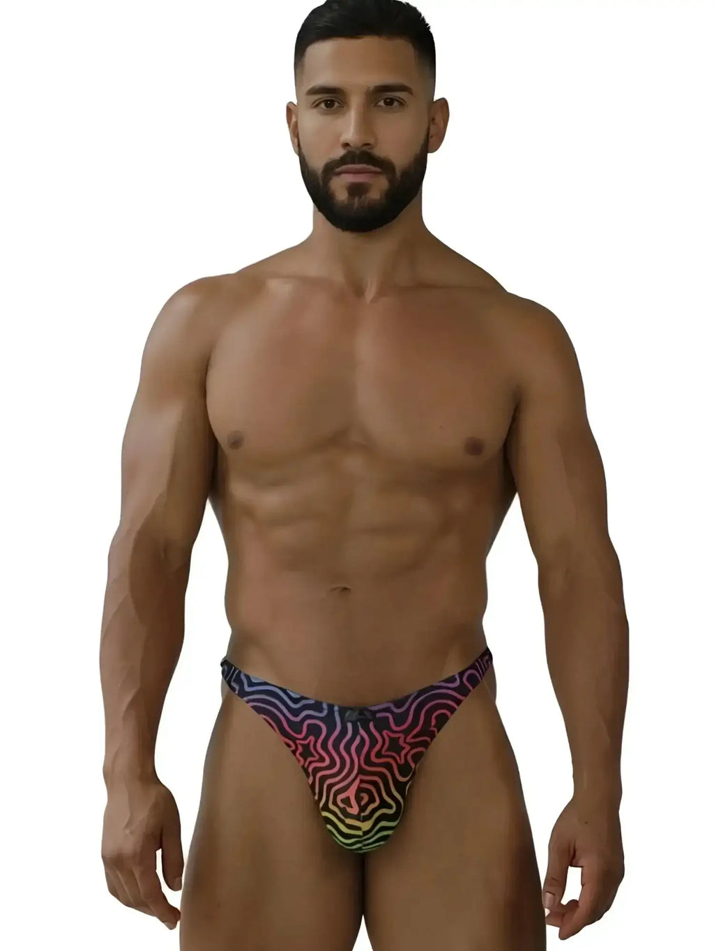 Xtremen 91284 printed microfiber thong in Labyrinth color, front view on a male model.