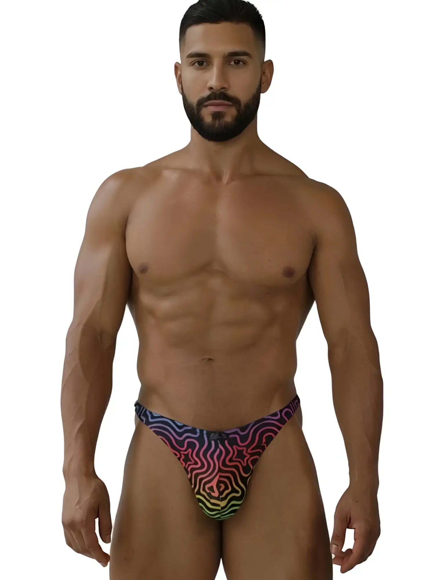 Xtremen 91284 printed microfiber thong in Labyrinth color, front view on a male model.