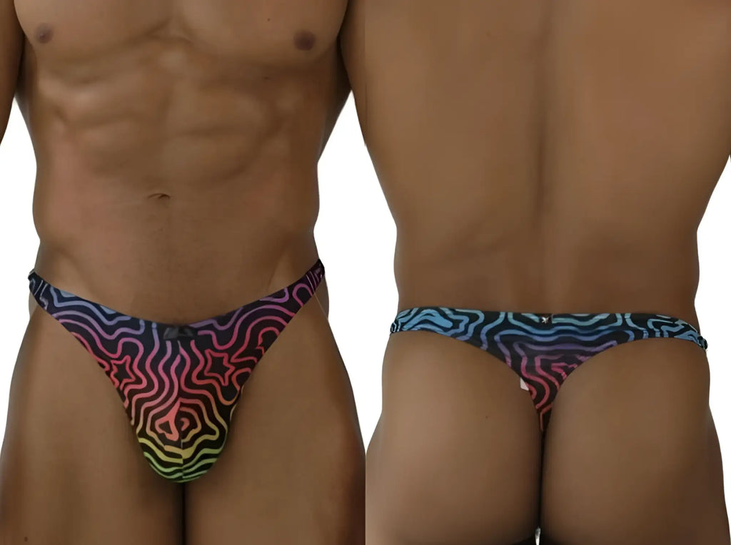 Xtremen 91284 Labyrinth microfiber thong: front and back view of the printed g-string on a model.