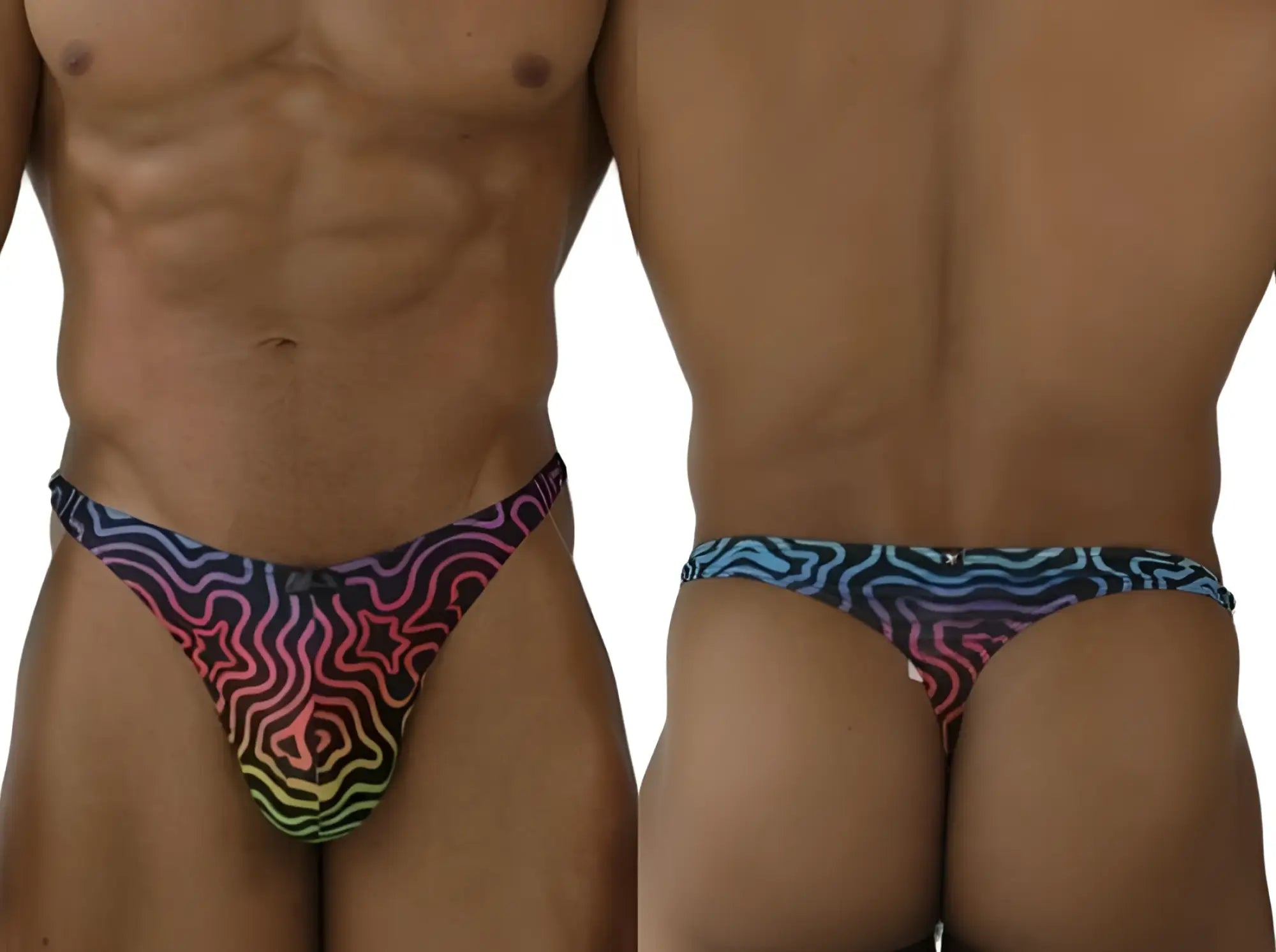 Xtremen 91284 Labyrinth microfiber thong: front and back view of the printed g-string on a model.
