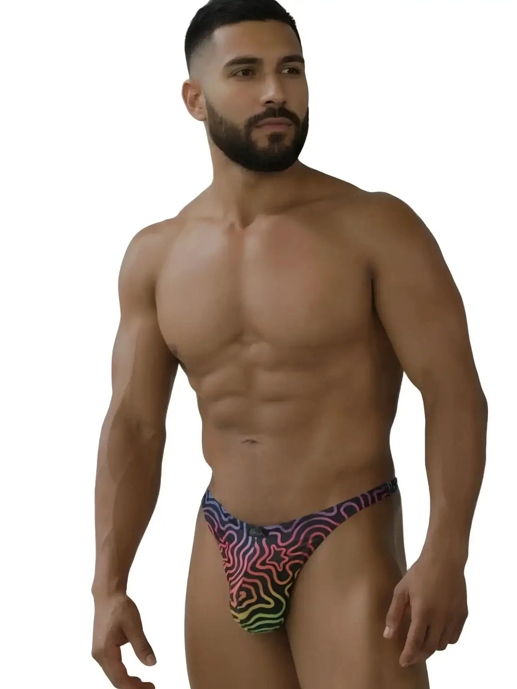 Xtremen 91284 Printed Microfiber Thong in Labyrinth color, modeled in a lifestyle front view.