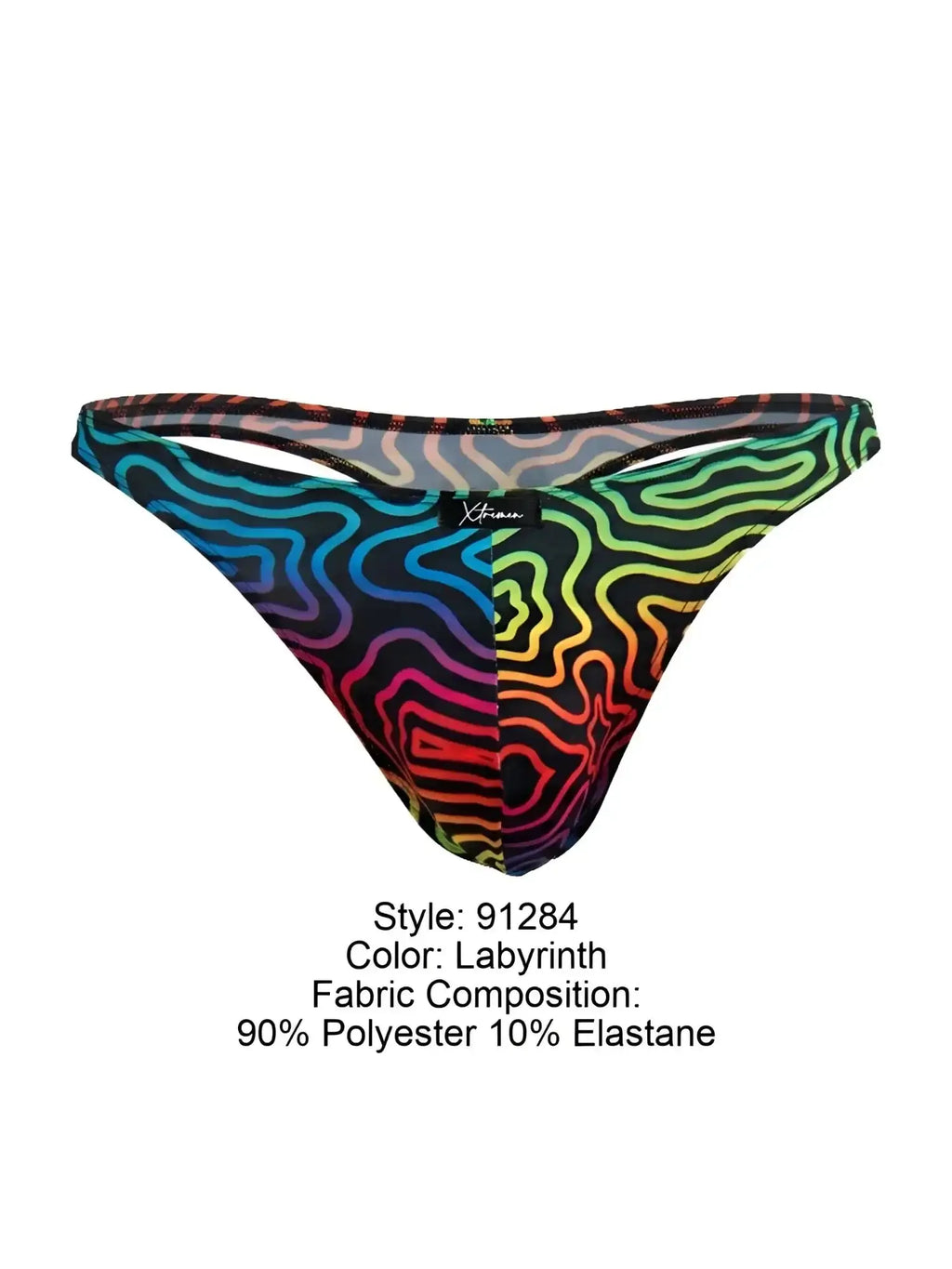 Front view of Xtremen 91284 Printed Microfiber Thong in Labyrinth color with colorful wavy print.