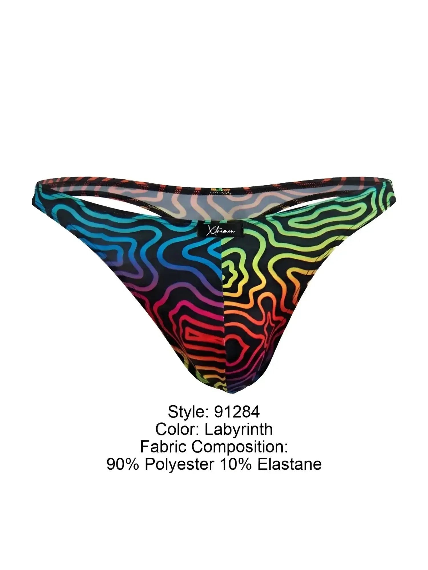 Front view of Xtremen 91284 Printed Microfiber Thong in Labyrinth color with colorful wavy print.