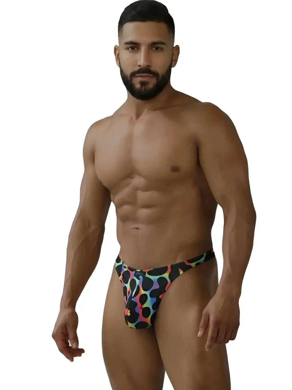 Front view of a man wearing Xtremen 91284 printed microfiber thong in Mushroom color.