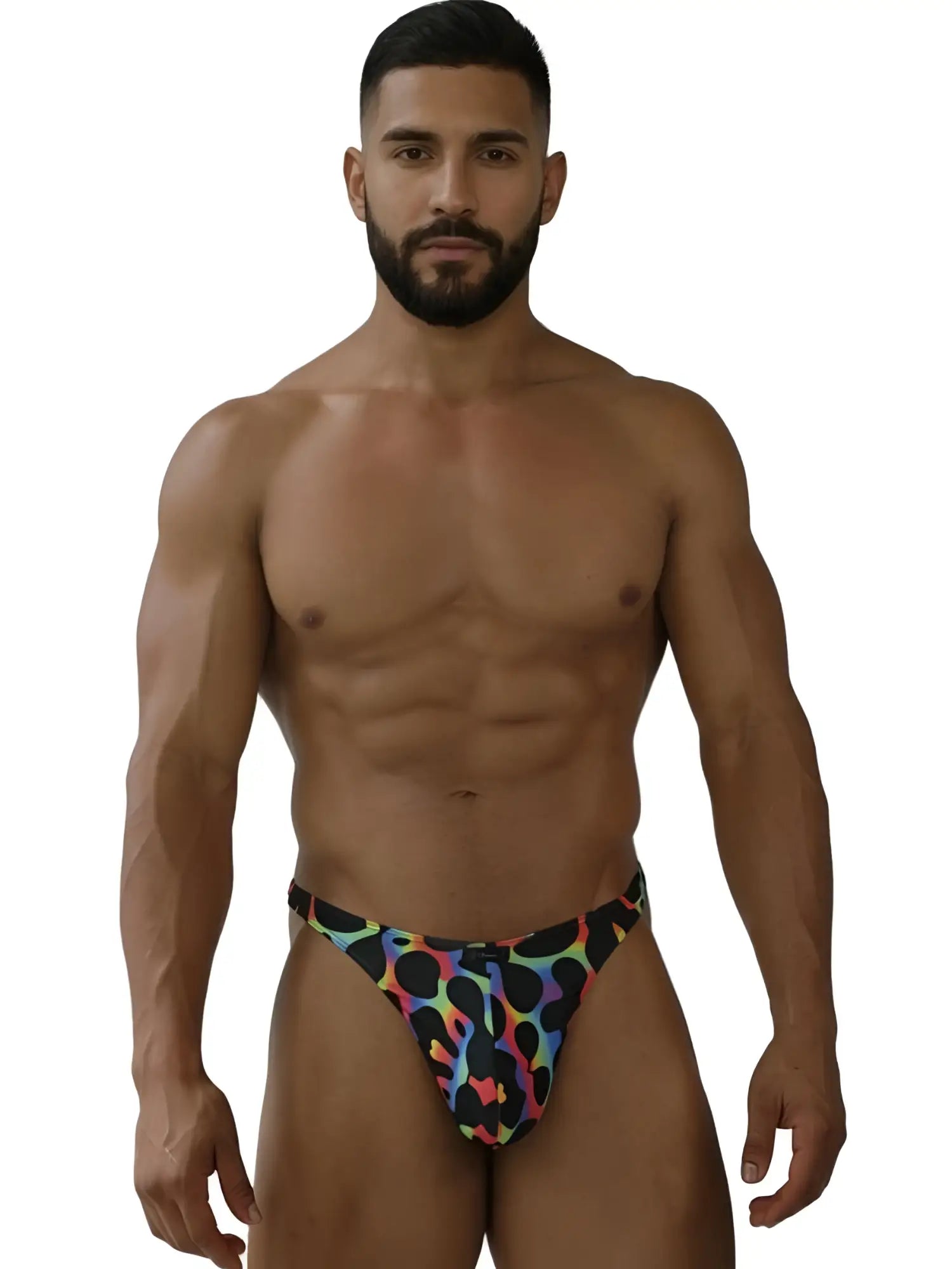 Xtremen 91284 Printed Microfiber Thong in Mushroom, front view worn by a male model.
