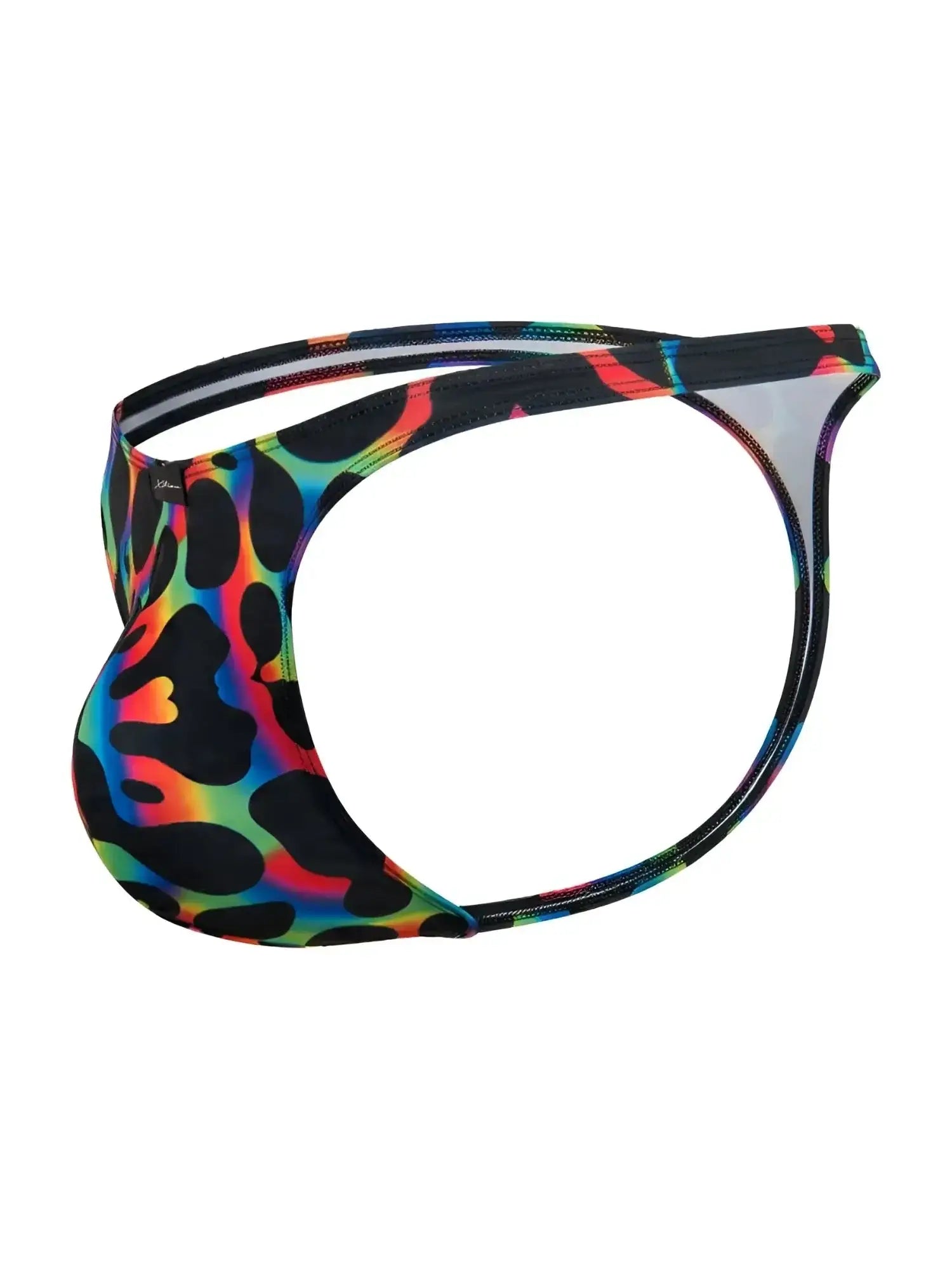 Side view of Xtremen 91284 printed microfiber thong in Mushroom color with a rainbow leopard print.
