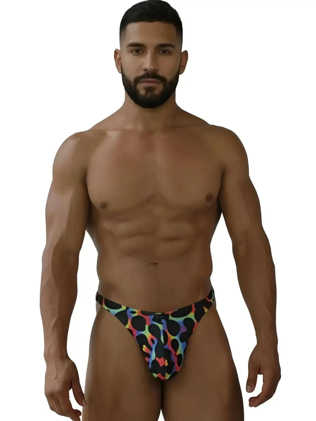 Xtremen 91284 Printed Microfiber Thong in Mushroom, front view worn by a male model.