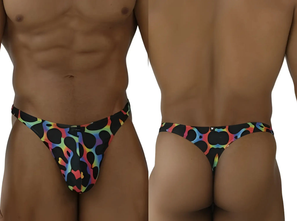 Xtremen 91284 Printed Microfiber Thong in Mushroom color, shown from front and back views on a model.