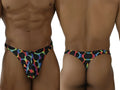 Xtremen 91284 Printed Microfiber Thong in Mushroom color, shown from front and back views on a model.