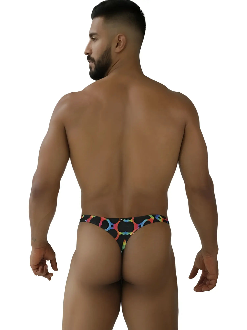 Back view of a man wearing Xtremen 91284 printed microfiber thongs in mushroom color.
