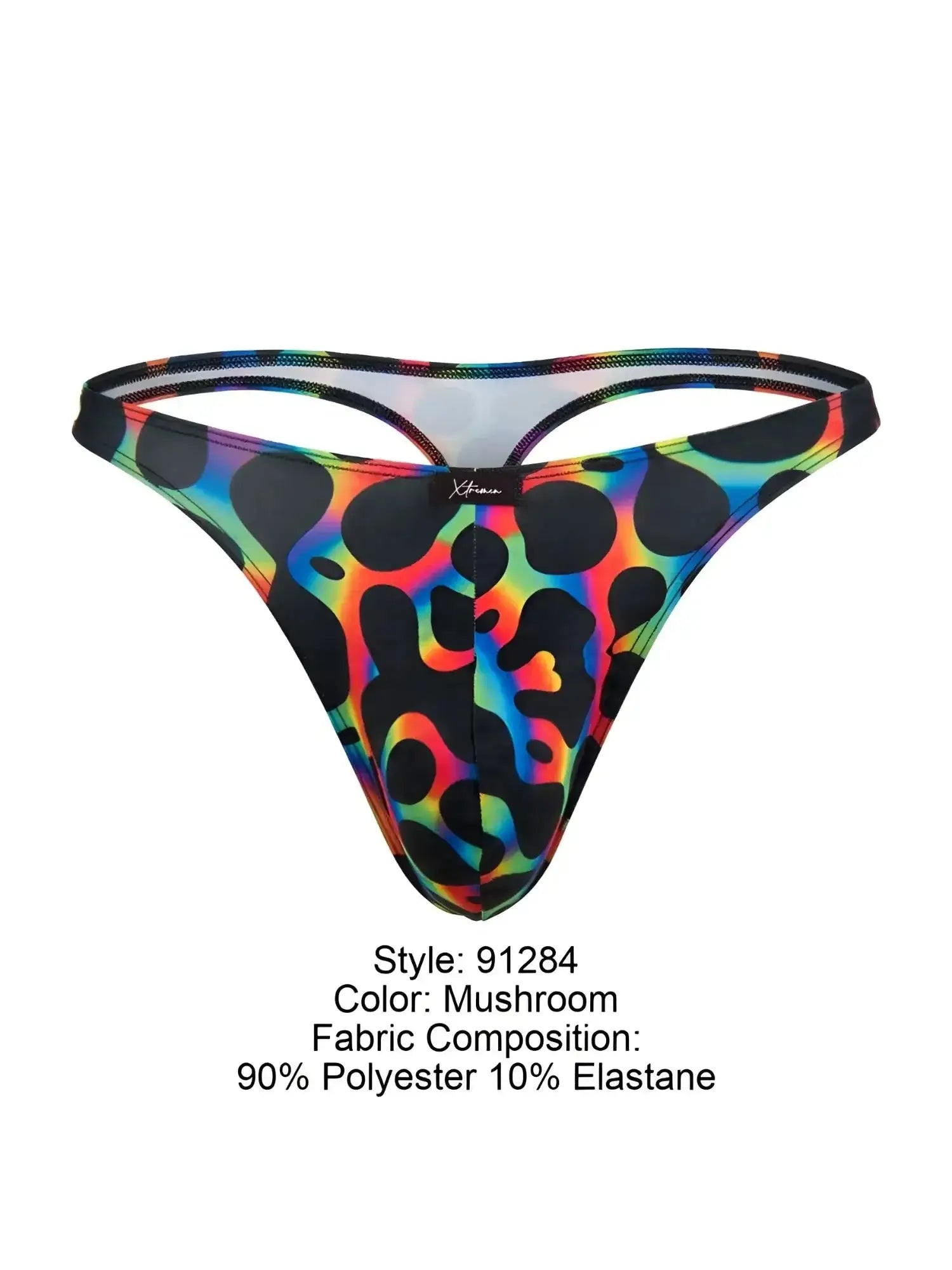 Front view of Xtremen 91284 printed microfiber thong in Mushroom color with a rainbow-colored animal print pattern.