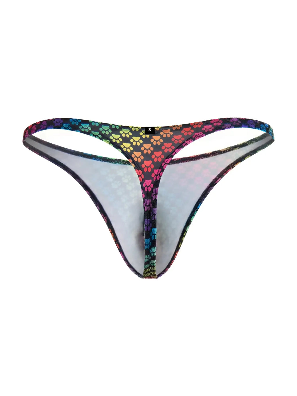 Front view of Xtremen 91284 microfiber thong in a rainbow paw print pattern.