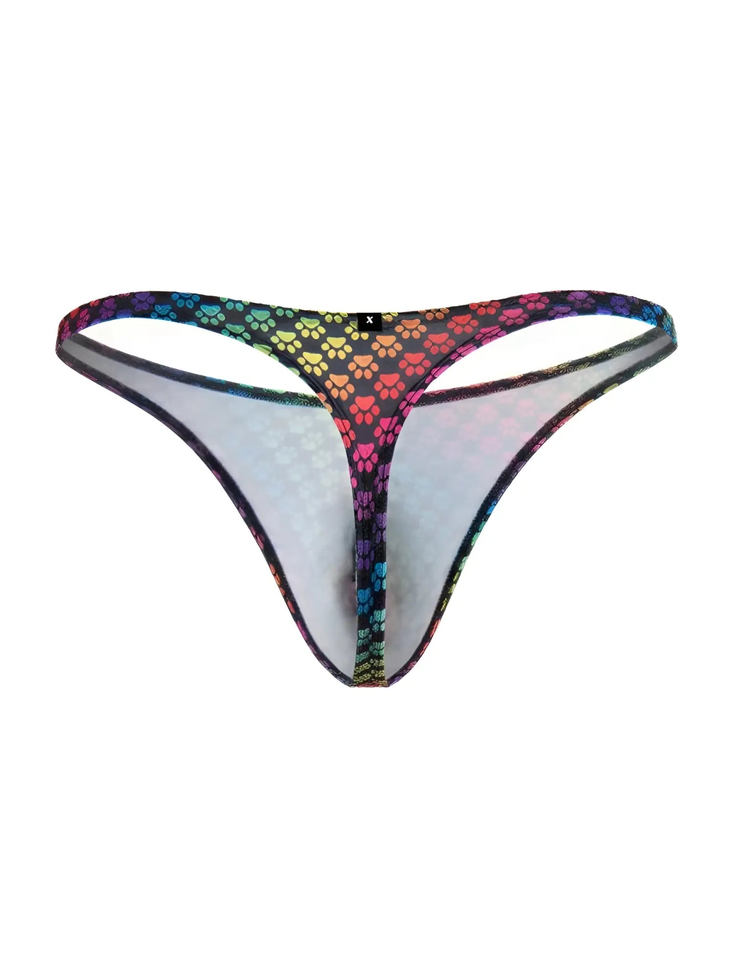 Front view of Xtremen 91284 microfiber thong in a rainbow paw print pattern.