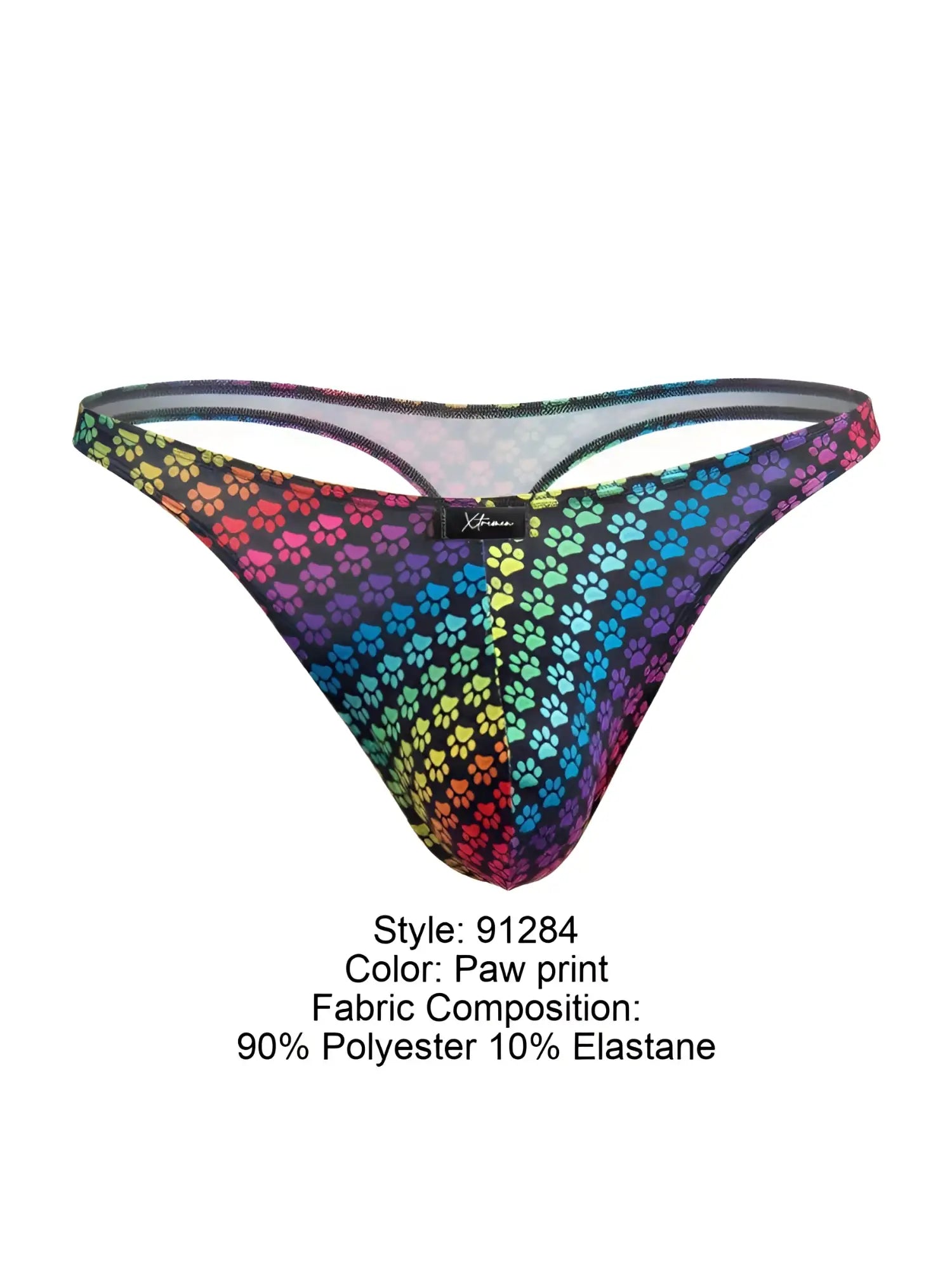 Front view of Xtremen 91284 microfiber thong in a rainbow paw print pattern.