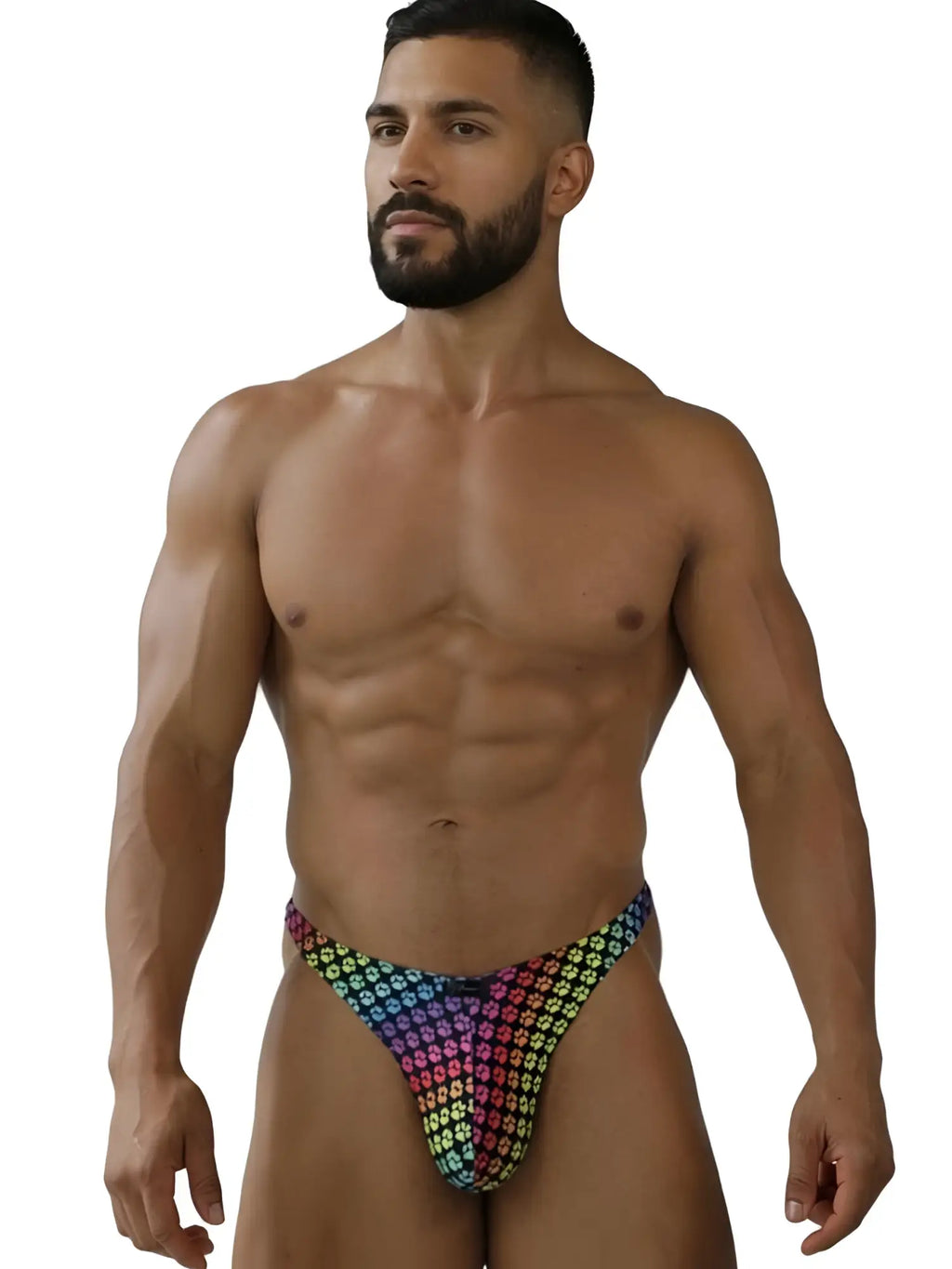 Xtremen 91284 Printed Microfiber Thong in paw print color. Front view of model wearing the underwear.
