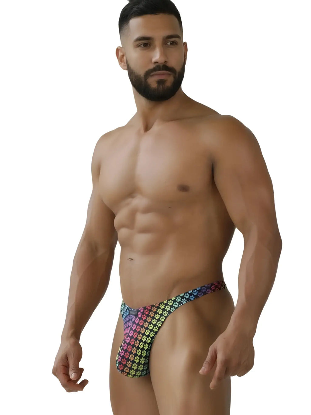 Xtremen 91284 paw print microfiber thong on a model, front three-quarter view.