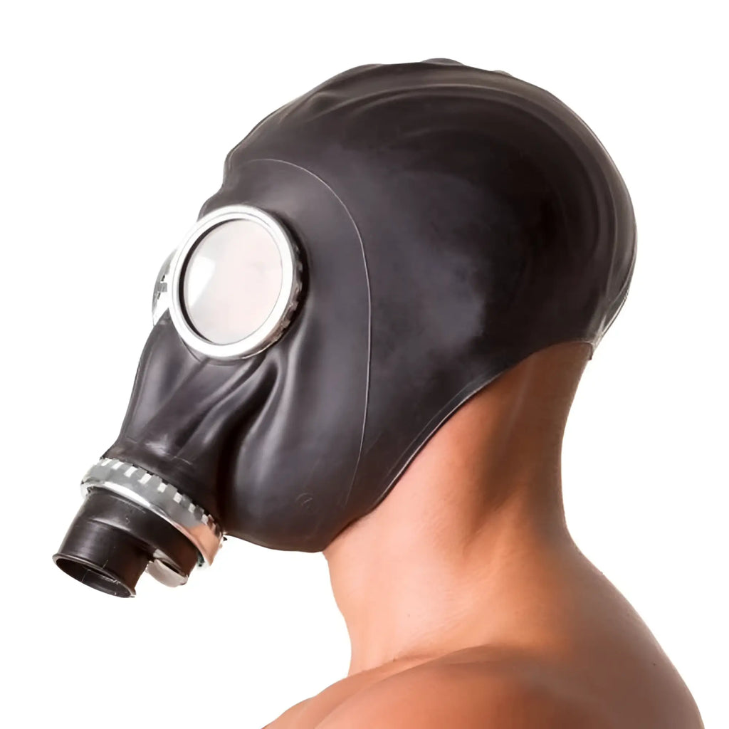 Xtrm classic 80s fetish rubber gas mask black with circular clear lens and metallic silver trim around the eye opening