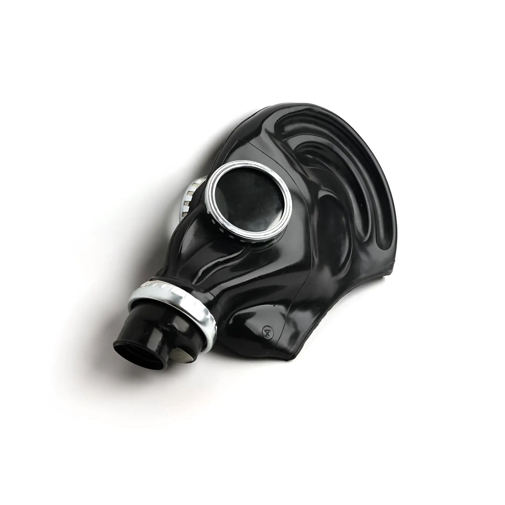 Black rubber xtrm classic 80s fetish gas mask with silver metallic fittings and a circular eye piece