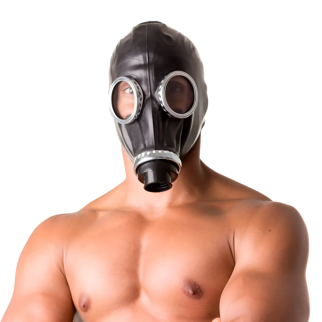 XTRM classic 80s fetish rubber gas mask in black with silver-rimmed eye lenses and black filter attachment