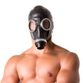 XTRM classic 80s fetish rubber gas mask in black with silver-rimmed eye lenses and black filter attachment