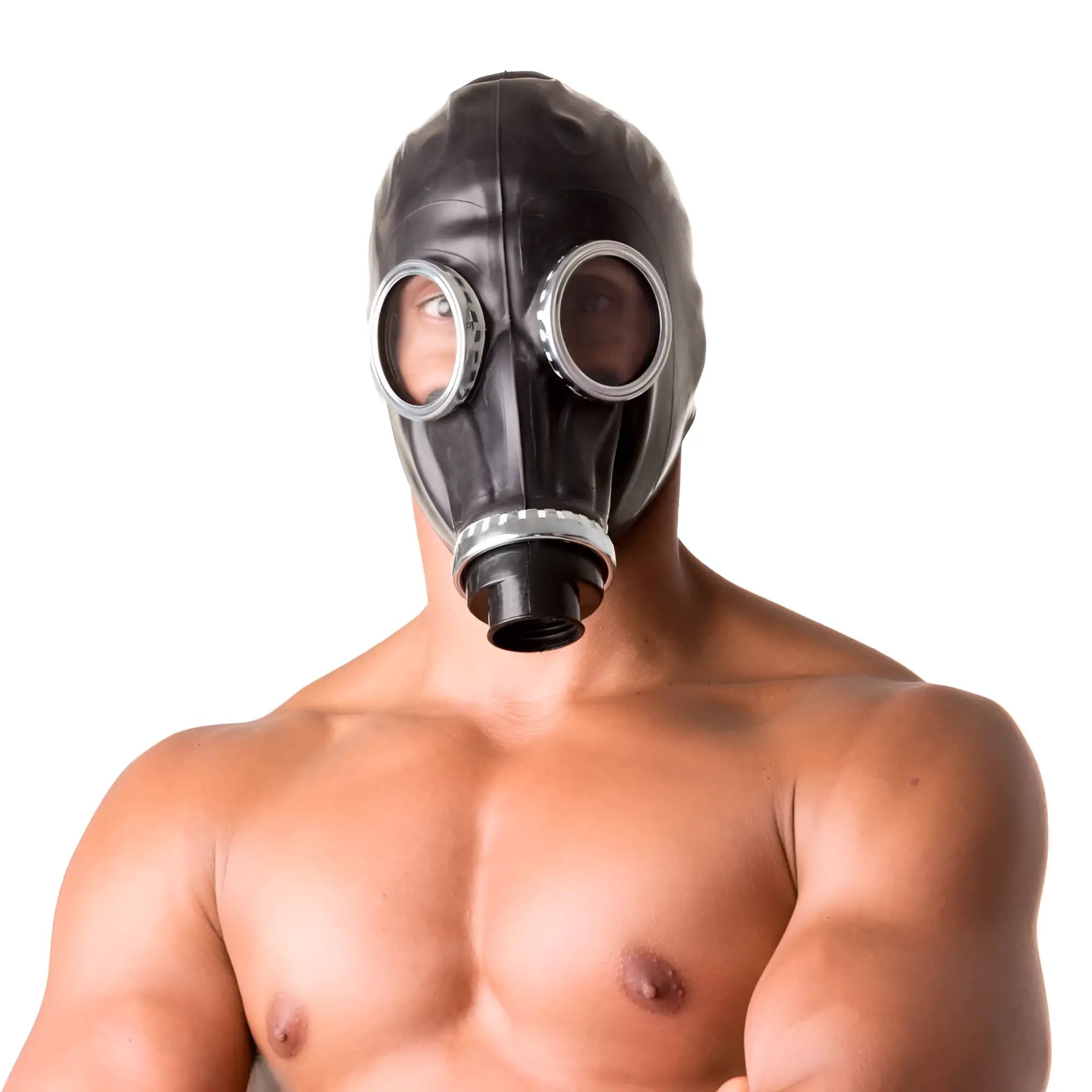 XTRM classic 80s fetish rubber gas mask in black with silver-rimmed eye lenses and black filter attachment