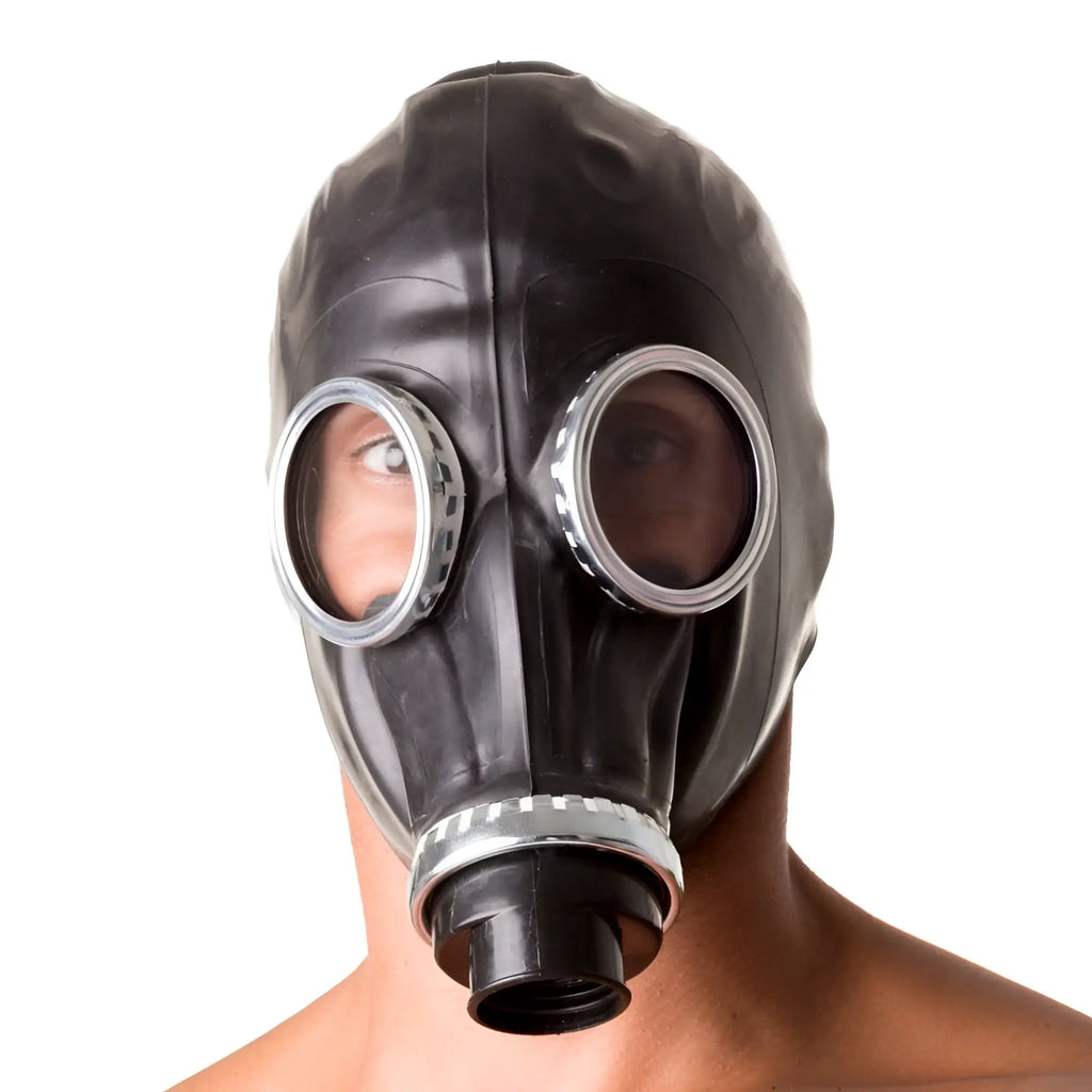 XTRM classic 80s fetish rubber gas mask black rubber with silver-rimmed eye lenses and black filter attachment