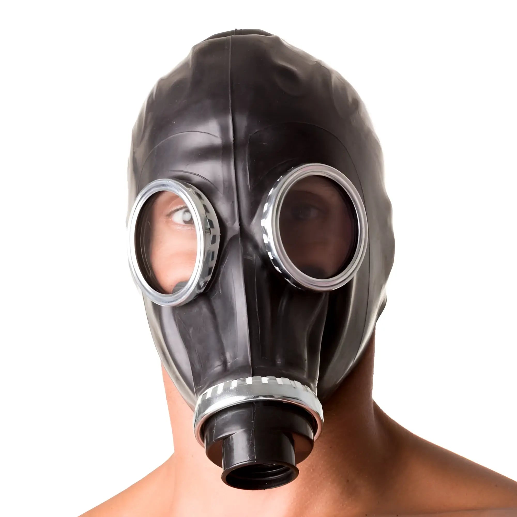 XTRM classic 80s fetish rubber gas mask black rubber with silver-rimmed eye lenses and black filter attachment