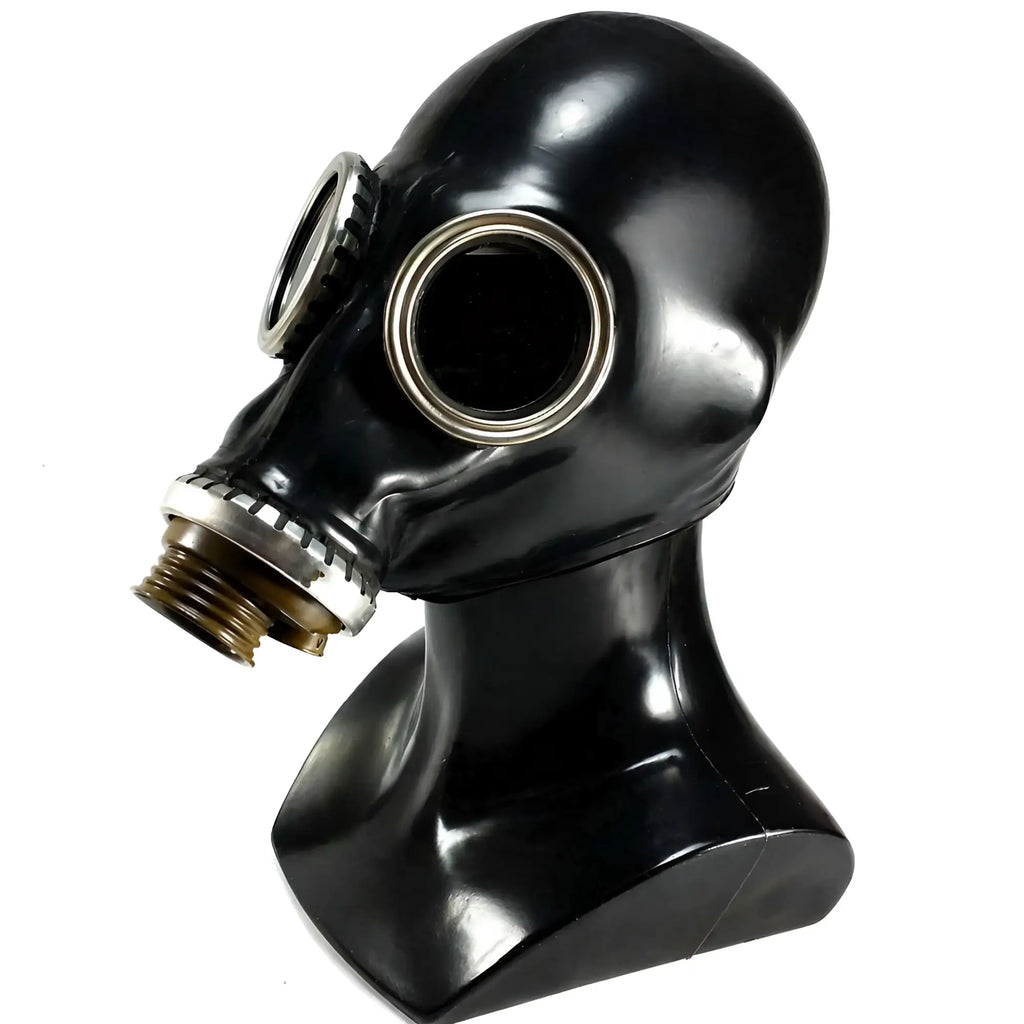 Black rubber XTRM Classic GP5 NATO vintage gas mask with silver-rimmed eye pieces and brass filter connection