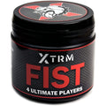 Black cylindrical xtrm fist lube 500ml container with carbon fiber texture red and white branding and bulldog logo on lid