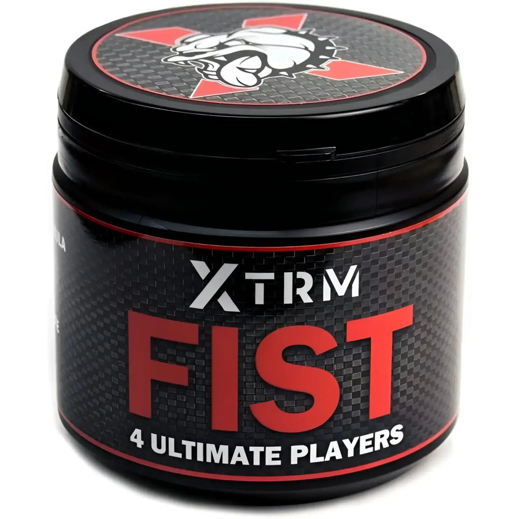 Black cylindrical xtrm fist lube 500ml container with carbon fiber texture red and white branding and bulldog logo on lid