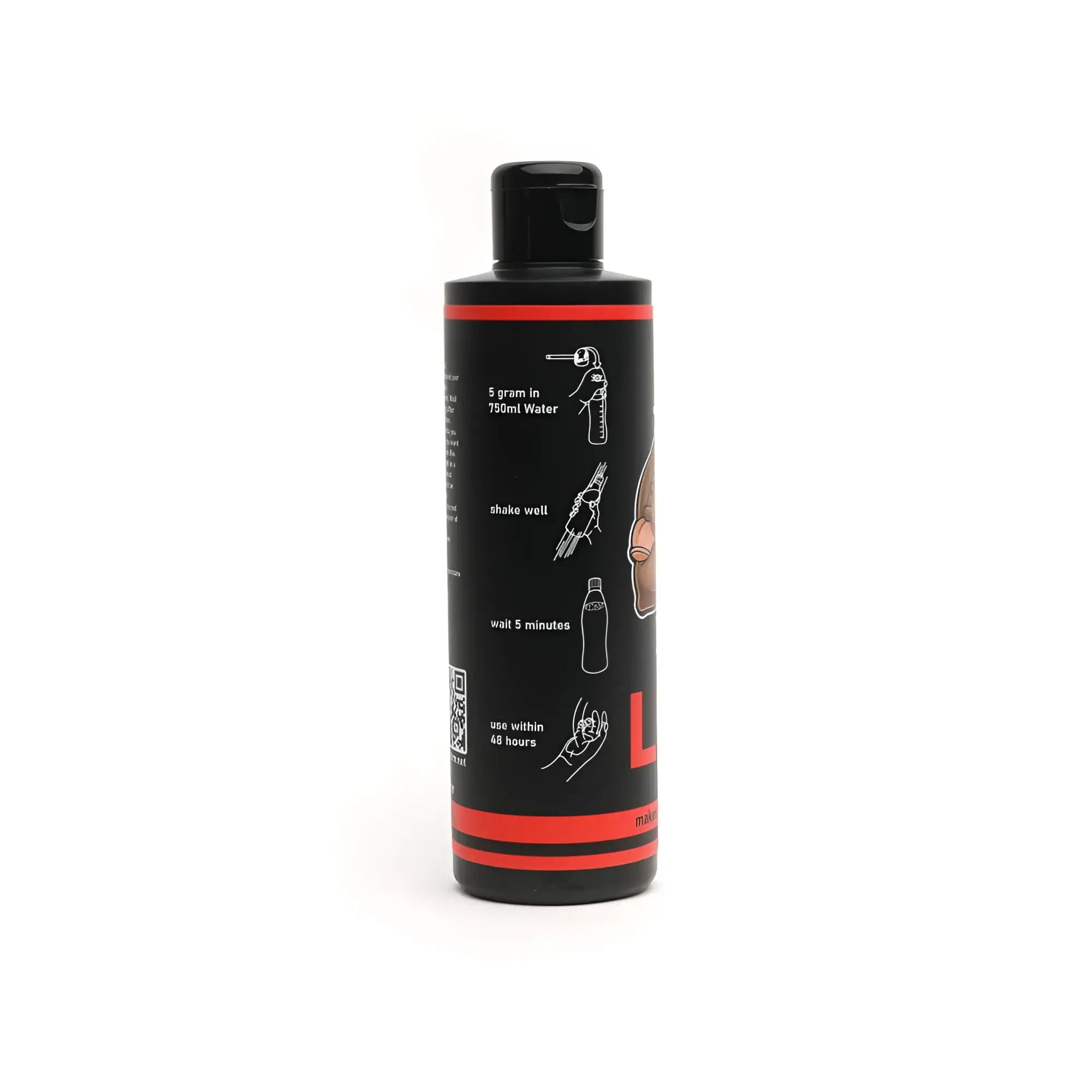Black plastic bottle with red accents showing back label and instructions of xtrm lube powder 225gm for 25 litres use